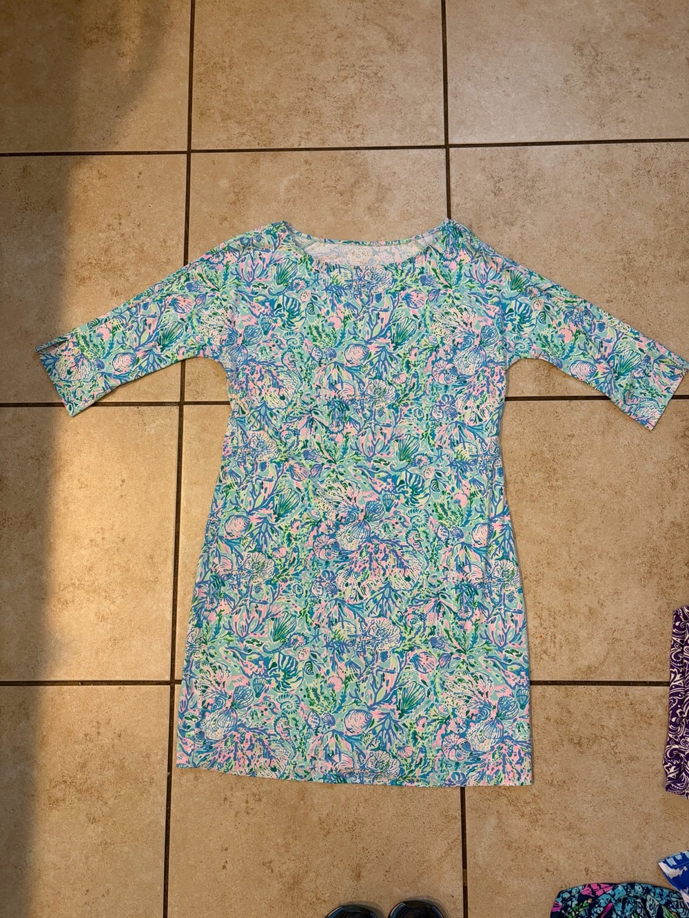 Lilly Pulitzer Multicolor Floral Shift Dress in Aqua, Pink & Green 3/4 sleeve